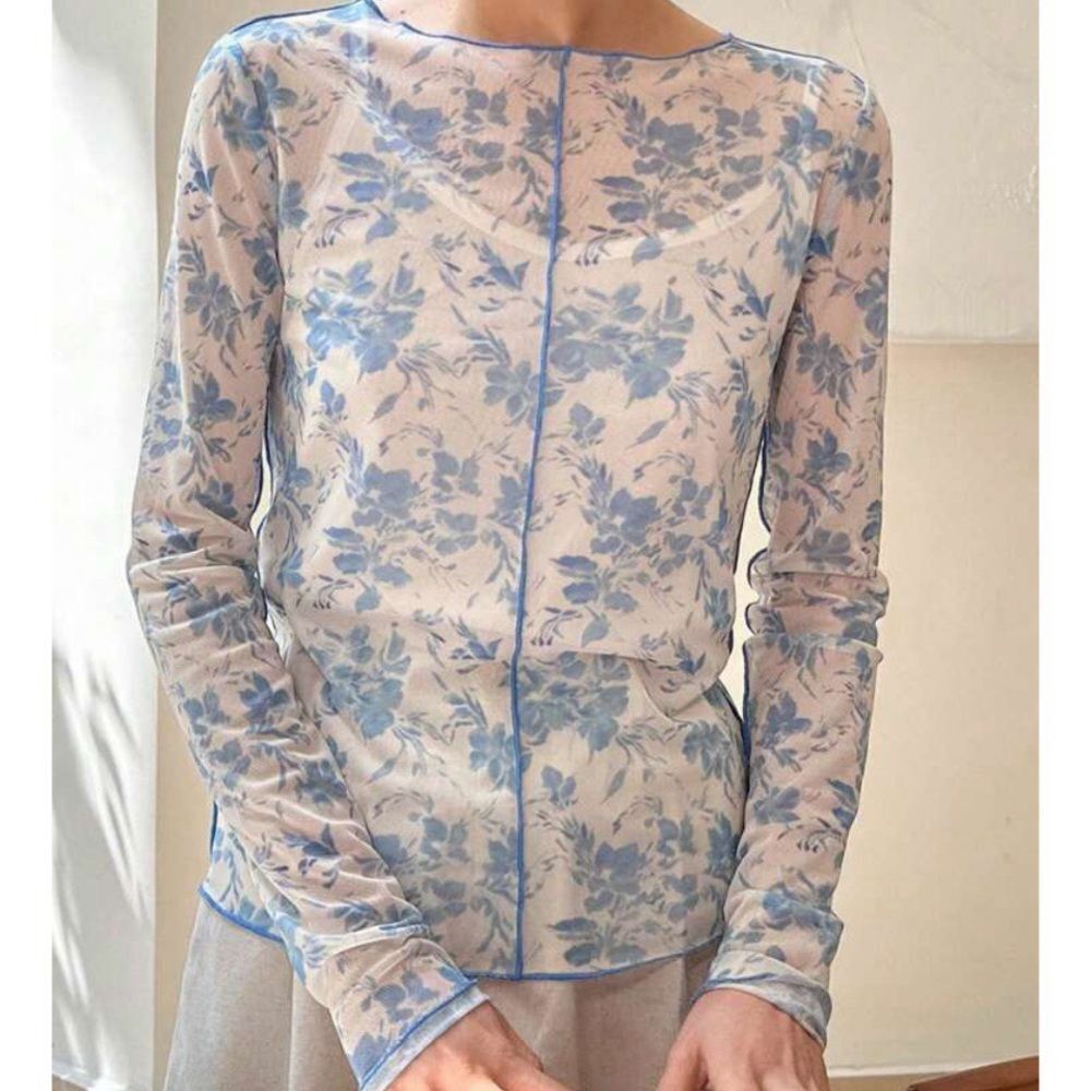 SHEIN Blue Floral Sheer Mesh Blouse Size Small
